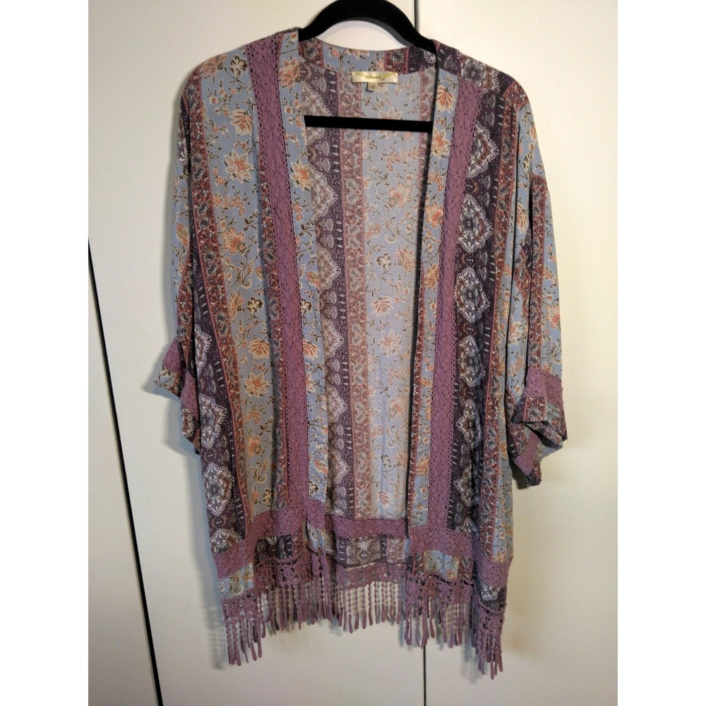 Women's Open Front Fringed Kimono Duster Size L Crochet Detail Boho Flowy Hippie